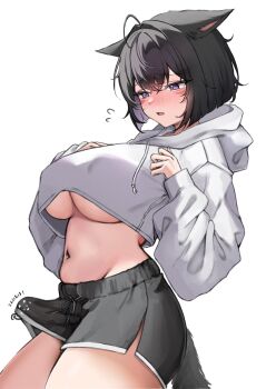 1futa ahoge animal_ears black_hair black_shorts breasts bulge cat_ears cat_tail erection erection_under_clothes final_fantasy final_fantasy_xiv futanari grey_hoodie highres hood hood_down hoodie implied_futanari large_breasts miqo&#039;te navel purple_eyes shhilee short_hair shorts solo tail underboob warrior_of_light_(ff14) white_background