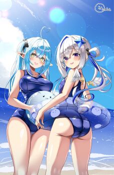 2girls ahoge amane_kanata ass ball bare_shoulders beachball blue_hair blue_one-piece_swimsuit breasts commentary_request cowboy_shot elf from_behind grey_hair heart heart_ahoge highres hololive inokeiwd large_breasts long_hair low_twintails multicolored_hair multiple_girls ocean one-piece_swimsuit pink_hair pointy_ears sand school_swimsuit small_breasts swim_ring swimsuit twintails two-tone_hair virtual_youtuber water yukihana_lamy