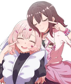 2girls :d ^_^ bead_bracelet beads black_choker blush bow bowtie bracelet brown_hair choker closed_eyes clothes_around_waist commentary cosplay costume_switch facial_mark facing_viewer finger_to_face frills gyaru hair_ornament hairclip heart heart_facial_mark heart_hair_ornament highres jacket jacket_around_waist jewelry juliet_sleeves kedarui_aashii kedarui_aashii_(cosplay) kimi_no_koto_ga_dai_dai_dai_dai_daisuki_na_100-nin_no_kanojo kogal long_hair long_sleeves loose_bowtie mark_under_eye meido_mei meido_mei_(cosplay) multiple_girls nanraka open_mouth pink_bow pink_hair pink_jacket puffy_sleeves ring shirt simple_background smile white_background white_shirt wing_collar