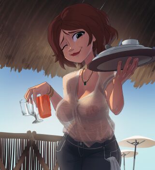 1girl absurdres big_hero_6 blush bracelet breasts brown_hair cass_hamada cup denim green_eyes highres inker_comics jeans jewelry large_breasts looking_at_viewer medium_hair necklace nipples one_eye_closed pants red_lips see-through_clothes smile solo teacup thighs tray