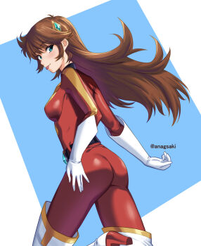 anagsaki artist_name blue_eyes bodysuit boots breasts gloves grendizer_u highres long_hair maria_grace_fleed mazinger_(series) medium_breasts thigh_boots tongue tongue_out ufo_robo_grendizer