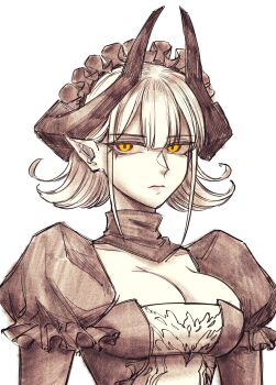 1girl absurdres black_dress breasts cleavage closed_mouth commentary double-parted_bangs dragina_(senukin) dragon_girl dragon_horns dress highres horns large_breasts looking_at_viewer maid maid_headdress no_scar original pointy_ears senukin short_hair simple_background sketch solo unfinished upper_body white_background white_hair yellow_eyes