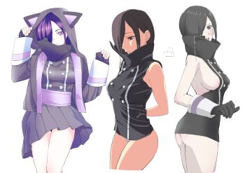 1girl animal_ear_hood animal_ears arms_behind_back ass black_gloves black_jacket black_shirt black_skirt breasts brown_eyes buttons cat_ears closed_mouth commentary_request covered_mouth cowboy_shot double-breasted fake_animal_ears feet_out_of_frame gloves hair_over_one_eye hands_up high_collar highres hood hood_up hooded_jacket jacket looking_at_viewer looking_down looking_to_the_side medium_breasts medium_hair multiple_views no_pants nori_(norimakigumo) ohsama_sentai_king-ohger one_eye_covered open_clothes open_jacket open_mouth panties parted_lips pinching_sleeves pink_eyes pleated_skirt purple_hair purple_sash rita_kanisuka sash shirt sideboob sideless_outfit sideless_shirt signature simple_background skirt sleeveless sleeveless_shirt small_sweatdrop solo standing super_sentai thighs tokusatsu underwear white_background white_panties zipper zipper_pull_tab