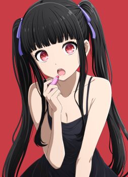 1girl applying_lipstick applying_makeup bang_dream! bang_dream!_girls_band_party! black_dress black_hair breasts cleavage collarbone commentary dress hair_ribbon highres lipstick long_hair looking_at_viewer makeup noshimurin nyubara_reona open_mouth purple_ribbon red_background red_eyes ribbon sidelocks simple_background solo twintails
