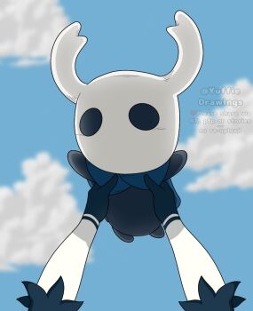 1girl 1other 2b_(nier:automata) black_skin bug cape cloak colored_skin crossover day full_body gloves grey_cloak highres holding hollow_eyes hollow_knight horned_mask horns knight_(hollow_knight) mask nail_(hollow_knight) nier:automata nier_(series) weapon white_mask yuffie_drawings