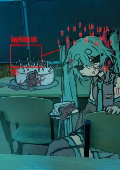 1girl aqua_hair black_eyes black_thighhighs blood blood_on_face cake cake_slice classroom commentary flesh food grey_shirt happy_birthday hatsune_miku highres iewa indoors long_hair looking_at_viewer open_mouth shirt sitting smile solo thighhighs twintails very_long_hair vocaloid weirdcore