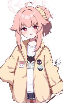 1girl absurdres akarenga black_skirt blue_archive chopsticks cowboy_shot halo highres jacket miniskirt natsu_(blue_archive) pink_hair pink_halo red_eyes shirt simple_background skirt solo t-shirt thigh_gap white_background white_shirt yellow_jacket