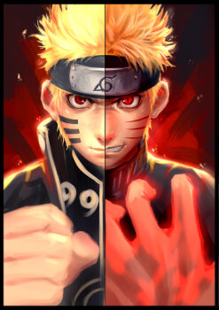 1boy black_headband blonde_hair closed_mouth commentary_request facial_tattoo greenteaa grin hand_up headband looking_at_viewer male_focus naruto_(classic) naruto_(series) partial_commentary red_eyes short_hair smile solo split_screen tattoo teeth upper_body uzumaki_naruto