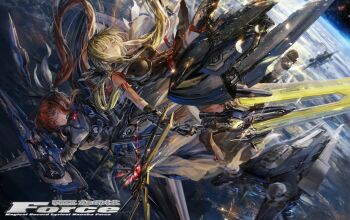 2girls arm_belt back-to-back bardiche_(nanoha) belt belt_buckle black_gloves black_leopard_(kemono_friends) black_skirt black_thighhighs blonde_hair bow breasts brown_hair buckle closed_eyes closed_mouth copyright_name determined dress fate_testarossa floating_hair frown full_body gloves hair_bow holding holding_sword holding_weapon huge_weapon juliet_sleeves large_breasts light_particles long_hair long_sleeves lyrical_nanoha mahou_senki_lyrical_nanoha_force miniskirt multiple_belts multiple_girls parted_lips planet pleated_skirt puffy_sleeves purple_eyes raising_heart red_belt shoes side_ponytail skirt space spacecraft stu_dts sword takamachi_nanoha thighhighs very_long_hair weapon white_bow white_dress white_footwear