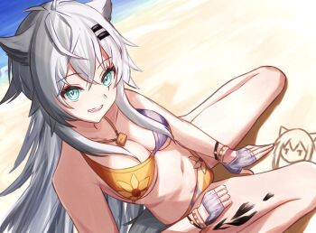 1girl :d alternate_costume animal_ears aqua_eyes arknights beach bikini breasts cleavage commentary crossed_bangs day fingerless_gloves gloves grey_gloves grey_hair hair_between_eyes hair_ornament hairclip highres lappland_(arknights) long_hair looking_at_viewer material_growth medium_breasts navel on_ground open_mouth oripathy_lesion_(arknights) outdoors scar scar_across_eye scar_on_face sitting smile solo swimsuit wariza wolf_ears wolf_girl yellow_bikini yoi_(a27963244)