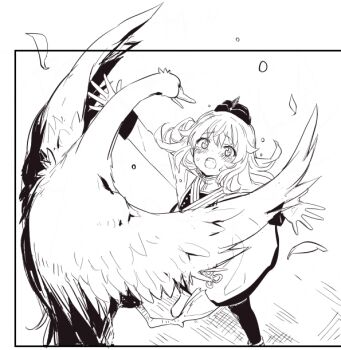 1girl aohashi_ame aviation_magic_band bird blush commentary_request dress falling_feathers feathers garrison_cap gloves hat imminent_hug long_hair looking_at_another luminous_witches moffy_(luminous_witches) monochrome open_mouth simple_background standing swan thighhighs virginia_robertson world_witches_series