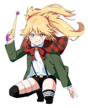 1girl black_boots black_shorts blonde_hair blush boots bow bowtie burn_the_witch capelet collared_shirt commentary commission dot_nose full_body green_eyes green_jacket grin hair_between_eyes haru_(konomi_150) highres jacket layered_sleeves long_hair long_sleeves looking_at_viewer ninny_spangcole open_clothes open_jacket pixiv_commission plaid_capelet plaid_clothes red_bow red_bowtie red_capelet shirt short_shorts shorts simple_background smile solo squatting suspenders thigh_boots v-shaped_eyebrows white_background white_shirt