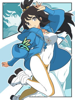 1girl black_hair blue_jacket boots breasts covered_navel cube_hair_ornament gen_1_pokemon grey_eyes hair_ornament highres hood hood_down hooded_jacket jacket kanbei_(pixiv11037490) leggings leotard lida_(pokemon) long_hair long_sleeves looking_at_viewer medium_breasts nintendo open_clothes open_jacket open_mouth orange_leggings pokemon pokemon_legends:_z-a smile staryu teeth topknot two-tone_legwear white_boots white_leggings white_leotard wispy_bangs