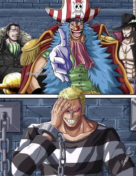 4boys artist_name ascot black_hair black_suit blonde_hair blue_hair buggy_the_clown chain closed_mouth clown_nose coat coat_on_shoulders crocodile_(one_piece) cross cross_necklace cuffs devil_fruit_power donquixote_doflamingo dracule_mihawk earrings epaulettes facepaint facial_hair formal_clothes gloves goatee green_ascot green_shirt grin hair_slicked_back hand_on_own_face handcuffs hat hat_feather high_collar highres hook_hand impel_down ismaindahouse jewelry long_hair looking_at_another makeup male_focus medium_hair multiple_boys muscular muscular_male mustache necklace one_piece open_clothes open_mouth pirate_hat prison_cell red_ascot red_coat scar scar_on_face scene_reference shirt short_hair signature skull_and_crossbones smile suit sunglasses teeth tongue twitter_username very_long_hair white_gloves