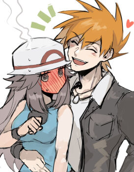 1boy 1girl :d @_@ ^_^ arm_around_waist blue_oak blue_shirt blush breasts closed_eyes couple full-face_blush grey_jacket hat heart hetero hug hug_from_behind jacket kash-phia leaf_(pokemon) long_sleeves medium_breasts nintendo open_clothes open_jacket open_mouth orange_hair pokemon pokemon_frlg pokemon_hgss print_hat shirt short_hair sleeveless sleeveless_shirt smile spiked_hair upper_body white_background white_hat white_shirt wristband