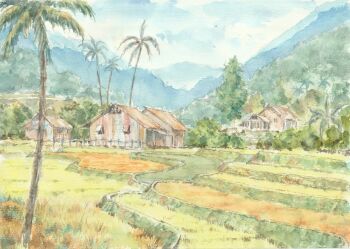 commentary_request day field forest hill house landscape mountainous_horizon nature no_humans original outdoors painting_(medium) palm_tree paruperu real_world_location rural scenery sky thailand traditional_media tree watercolor_(medium)