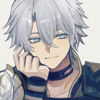 Rule 34 | 1boy, antenna hair, armor, black choker, black shirt, blue eyes, blush, choker, commentary request, highres, honkai: star rail, honkai (series), male focus, neck tattoo, parted bangs, pauldrons, phainon (honkai: star rail), shirt, short hair, shoulder armor, single pauldron, solo, st mf, sun symbol, sun tattoo, tan, tattoo, white hair