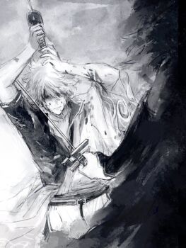 Rule 34 | 2boys, arms up, bleeding, blood, blood on clothes, blood on face, closed mouth, gintama, greyscale, hadanugi dousa, hair over one eye, holding, holding sword, holding weapon, japanese clothes, katana, kimono, long sleeves, lushu kuye, male focus, messy hair, monochrome, multiple boys, open clothes, open kimono, popped collar, sakata gintoki, shirt, short sleeves, solo focus, swastika, sword, two-handed, utsuro, weapon, wide sleeves