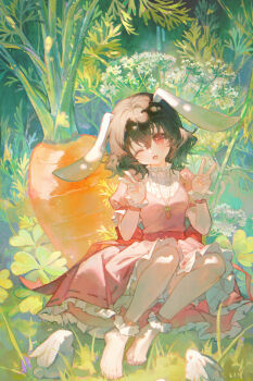 1girl animal_ears bad_source barefoot black_hair carrot carrot_necklace dress highres jewelry maccha_(mochancc) necklace one_eye_closed open_mouth rabbit rabbit_ears rabbit_girl red_dress red_eyes short_hair touhou v
