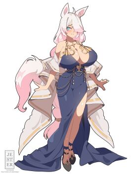 1girl ahoge animal_ears bare_shoulders black_dress blue_eyes blush braid breasts cleavage dress flustered full_body hair_over_one_eye high_heels highres horse_ears horse_girl horse_tail huge_breasts jesternalagon jewelry long_hair looking_at_viewer low-tied_long_hair original parted_lips pink_hair shoes simple_background smile solo standing swept_bangs tail very_long_hair white_background white_hair