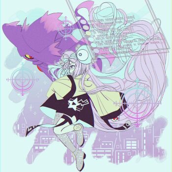 1girl blue_hair bow-shaped_hair character_hair_ornament cyberpunk fake_hair_bun fukkatsu_no_maya gen_4_pokemon grey_pantyhose hair_ornament hexagon_print highres iono_(pokemon) jacket long_hair mismagius multicolored_hair nintendo oversized_clothes pantyhose pink_hair pokemon pokemon_(creature) pokemon_sv single_leg_pantyhose sleeves_past_fingers sleeves_past_wrists split-color_hair two-tone_hair x_(symbol) yellow_jacket