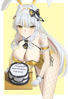 Rule 34 | 1girl, absurdres, animal ear fluff, animal ears, arm garter, bare shoulders, bent over, birthday cake, black survival, bow, breasts, cake, cleavage, closed mouth, commentary request, detached collar, dos (ehgns007kr), eternal return: black survival, fishnet pantyhose, fishnets, food, gloves, hair bow, hair ornament, highres, large breasts, leotard, long hair, looking at viewer, minami rio, minami rio (winning shot), multicolored hair, official alternate costume, pantyhose, partially fingerless gloves, playboy bunny, rabbit ears, side-tie leotard, smile, solo, spaghetti strap, streaked hair, thigh strap, very long hair, white gloves, white hair, wrist cuffs, x hair ornament, yellow eyes, yellow leotard