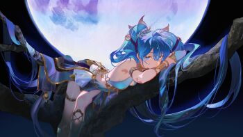 1girl absurdly_long_hair absurdres arm_pillow armlet armpit_crease bare_shoulders black_sky blue_eyes blue_hair breasts cherrymaru commentary english_commentary eyelashes full_moon gold_bracer gold_thighlet hair_flowing_over highres in_tree iuno_(wuthering_waves) jewelry jitome laurel_crown long_hair looking_at_viewer lying medium_breasts moon on_side outdoors sideboob silver_armlet sky sling_bikini_top solo thighlet tree twintails twisted_torso very_long_hair wuthering_waves
