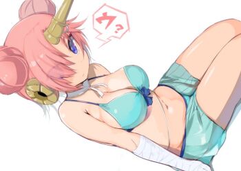 1girl bandaged_arm bandages bikini blue_bikini blue_eyes breasts cleavage double_bun fate/grand_order fate_(series) female_focus frankenstein's_monster_(fate) frankenstein's_monster_(swimsuit_saber)_(second_ascension)_(fate) hair_bun hair_over_one_eye horns large_breasts p_answer pink_hair shorts simple_background single_horn sitting solo swimsuit white_background