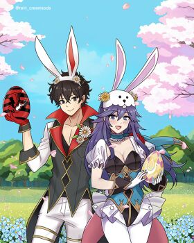 1boy 1girl amamiya_ren animal_ears animal_hat brand_of_the_exalt easter easter_egg egg egg_laying fake_animal_ears fire_emblem fire_emblem_awakening fire_emblem_heroes hat holding holding_egg levin_sword lucina_(fire_emblem) lucina_(spring_exalt)_(fire_emblem) nintendo official_alternate_costume pantyhose persona persona_5 playboy_bunny rabbit_ears rabbit_hat rabbit_tail rein_creamsoda smile super_smash_bros. tail white_pantyhose