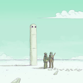 2girls brodie_helmet chito_(shoujo_shuumatsu_ryokou) cloud coat combat_helmet commentary day footprints from_behind fur-trimmed_coat fur_trim green_coat green_pants gun gun_on_back hatching_(texture) helmet horizon ksteakay ligne_claire linear_hatching looking_at_object military_uniform multiple_girls outdoors pants pillar rifle shoujo_shuumatsu_ryokou sky stahlhelm standing weapon weapon_on_back yuuri_(shoujo_shuumatsu_ryokou)