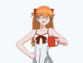 1girl animated animated_gif bad_source bow breasts chemise cleavage cup drawfag drinking drinking_glass hairpods hand_on_own_hip holding holding_cup long_hair mug neon_genesis_evangelion orange_hair rebuild_of_evangelion red_bow simple_background sleeveless small_breasts solo souryuu_asuka_langley standing tsundere white_background white_chemise wide_hips