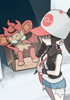 1girl asamaru1225 bag baseball_cap black_vest blue_eyes box exposed_pocket eyelashes gen_5_pokemon hat highres hilda_(pokemon) holding_strap in_box in_container nintendo open_clothes open_mouth open_vest pink_bag pokemon pokemon_(creature) pokemon_black_and_white shirt shorts shoulder_bag sidelocks simisear sleeveless sleeveless_shirt standing translation_request vest white_shirt wristband