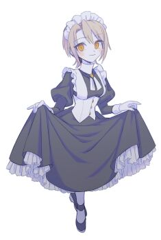 1girl alternate_costume apron black_dress black_shoes breasts brown_hair closed_mouth commentary_request dress enmaided full_body gloves hasumi_leia highres juliet_sleeves long_sleeves looking_at_viewer mahou_shoujo_no_majo_saiban maid maid_apron maid_headdress puffy_sleeves shoes short_hair simple_background skirt_hold smile solo standing suno_(imydream) white_apron white_background white_gloves yellow_eyes