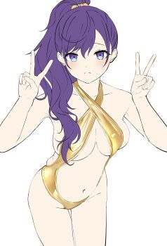 Rule 34 | 1girl, absurdres, asahina mafuyu, blush, breasts, closed mouth, collarbone, commentary request, cowboy shot, criss-cross halter, double v, gold slingshot swimsuit, golden week, groin, hair between eyes, hair ornament, hair over shoulder, hair scrunchie, halterneck, hands up, high ponytail, highres, large breasts, leaning forward, long hair, looking at viewer, maou1561, navel, orange scrunchie, ponytail, project sekai, purple eyes, purple hair, satin bikini, scrunchie, shiny swimsuit, simple background, skindentation, slingshot swimsuit, solo, stomach, swimsuit, v, white background