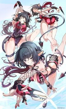 1girl animal_ears ass black_hair black_one-piece_swimsuit black_sarong breasts fishnet_sleeves fishnets green_eyes highres holding holding_weapon jane_doe_(nocturne_of_light)_(zenless_zone_zero) jane_doe_(zenless_zone_zero) large_breasts mouse_ears mouse_girl mouse_tail multicolored_hair multiple_views niihatigounana one-piece_swimsuit red_hair red_nails sarong smile swimsuit tail twitter_username two-tone_hair weapon zenless_zone_zero