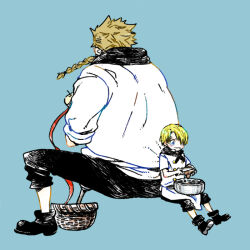 Rule 34 | 2boys, back-to-back, black pants, blonde hair, blue background, braid, braided beard, buttons, chef, child, closed mouth, crying, double-breasted, facial hair, itowo (itowc), multiple boys, one piece, pants, peeling, red-leg zeff, sanji (one piece), shirt, simple background, sitting, wavy mouth