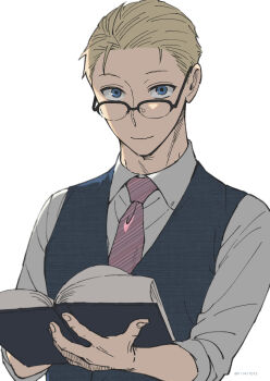 Rule 34 | 1boy, black-framed eyewear, black vest, blonde hair, blue eyes, book, closed mouth, collared shirt, f11417073, glasses, hair slicked back, highres, holding, holding book, looking at viewer, looking over eyewear, male focus, necktie, open book, over-rim eyewear, purple necktie, semi-rimless eyewear, shirt, short hair, simple background, smile, solo, spy x family, three-quarter sleeves, twilight (spy x family), twitter username, upper body, vest, waistcoat, white background, white shirt