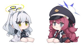 2girls armband black_hat black_hoodie black_shirt blue_archive blush chibi cross_hair_ornament fluffy_hair grey_eyes hair_ornament halo hare_(blue_archive) hat highres hood hood_down hoodie iroha_(blue_archive) jacket long_hair long_sleeves mikozin military_jacket multiple_girls necktie open_mouth peaked_cap red_armband red_hair red_necktie shirt simple_background sleeves_past_fingers sleeves_past_wrists very_long_hair white_background