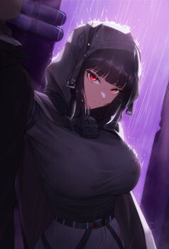 1girl absurdres arm_up belt black_belt black_coat black_hair black_shirt blunt_bangs breasts closed_mouth coat commentary d_(nikke) goddess_of_victory:_nikke grey_pants highres hood hood_up large_breasts looking_at_viewer pants rain red_eyes shirt siyeong water