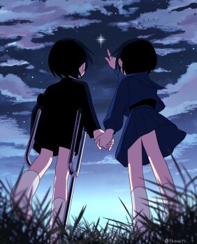 1boy 1girl black_hair cast cloud commentary_request couple crutch gakuran grass highres holding_hands original pointing school_uniform serafuku short_hair skirt sky star_(sky) starry_sky takanashi_atashi twilight