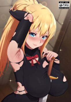 1girl arm_behind_head arm_up armpits artist_logo artist_name between_breasts blonde_hair blue_eyes bodysuit bow bowtie breasts closed_mouth collarbone darkness_(konosuba) female_focus highres kono_subarashii_sekai_ni_shukufuku_wo! large_breasts lips logo long_hair looking_at_viewer ohdax ponytail red_bow smile solo sparkle sword sword_between_breasts torn_bodysuit torn_clothes upper_body weapon