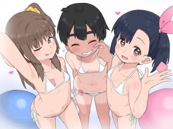 3girls ;q ^_^ arm_behind_head armpits bikini black_hair blush breasts brown_eyes brown_hair bubukka cleavage closed_eyes condom condom_wrapper grin hair_ribbon heart heart-shaped_pupils highres legs licking_lips loli long_hair looking_at_viewer micro_bikini mikan_(bubukka) modeling multiple_girls navel one_eye_closed open_mouth original pink_ribbon ribbon seductive_gaze seductive_smile short_hair side-tie_bikini_bottom side_ponytail small_breasts smile standing swimsuit symbol-shaped_pupils tachibana_momoka_(bubukka) tan tanline thighs tomboy tongue tongue_out uri_(bubukka) white_bikini