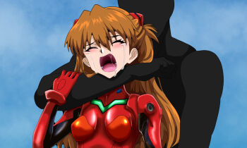 1boy 1girl artist_request asphyxiation blush bodysuit breasts brown_hair cowboy_shot disgust hair_between_eyes long_hair moaning neon_genesis_evangelion open_mouth red_bodysuit restrained ryona saliva shiny_clothes simple_background size_difference souryuu_asuka_langley tears upper_body wide_hips
