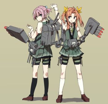 2girls adjusting_clothes adjusting_gloves arm_up bike_shorts bike_shorts_under_skirt black_socks closed_mouth collared_shirt commentary gloves hair_ribbon hitogome kagerou_(kancolle) kantai_collection kneehighs looking_at_viewer multiple_girls neck_ribbon orange_hair pink_hair pleated_skirt ponytail ribbon rigging school_uniform shiranui_(kancolle) shirt short_sleeves shorts shorts_under_skirt sidelocks simple_background skirt socks standing twintails vest white_shirt white_socks yellow_ribbon