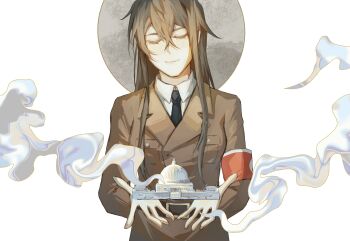 absurdres albert_speer armband belt black_belt black_necktie blonde_hair breast_pocket breasts brown_shirt brown_skirt chinese_commentary closed_eyes commentary_request genderswap genderswap_(mtf) hearts_of_iron highres long_hair long_skirt nazi necktie open_hands pocket red_armband shirt skirt smile smoke the_new_order:_last_days_of_europe translation_request user_mjrr2442 volkshalle white_background white_shirt