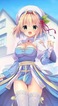 1girl :d absurdres arch_bishop_(ragnarok_online) blonde_hair blue_dress blue_flower blue_sky blurry blurry_background blush breasts clear_sky cleavage cleavage_cutout clothing_cutout commentary_request cowboy_shot cross day dress fishnet_thighhighs fishnets flower frilled_thighhighs frills green_eyes hair_intakes hat hat_flower hat_ornament highres house juliet_sleeves kizuki_erika large_breasts leaf_hat_ornament long_sleeves looking_at_viewer no_panties open_mouth outdoors puffy_sleeves ragnarok_online red_flower sash short_hair sky smile solo tam_(ragnarok_online) thighhighs two-tone_dress white_dress white_hat white_thighhighs yellow_sash