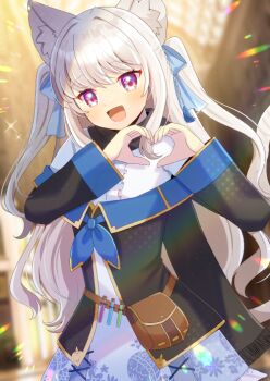 1girl :d animal_ear_fluff animal_ears black_jacket blue_bow blurry blurry_background bow cat_ears cat_girl cat_tail center_frills depth_of_field dress fang frilled_dress frills grey_hair hair_bow heart heart_hands jacket kou_hiyoyo long_hair long_sleeves looking_at_viewer off-shoulder_jacket off_shoulder open_mouth original pleated_dress purple_eyes smile solo tail two_side_up very_long_hair white_dress wide_sleeves