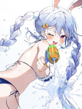 1girl aiming aiming_at_viewer animal_ears bikini blue_bikini blush braid breasts carrot_hair_ornament commentary_request cowboy_shot cropped food-themed_hair_ornament from_side hair_between_eyes hair_ornament happy highres hololive long_hair looking_at_viewer medium_breasts mi_kamii2 one_eye_closed open_mouth rabbit_ears rabbit_girl red_eyes short_eyebrows sideboob simple_background smile solo swimsuit teeth twin_braids upper_teeth_only usada_pekora virtual_youtuber water water_gun white_background