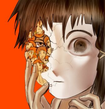 1girl :d absurdres brown_eyes brown_hair chibi chibi_inset closed_eyes closed_mouth commentary cracked_kawaii_mask cracked_mask ddosogy english_commentary from_side frown hair_ornament hand_on_own_cheek hand_on_own_face head_only highres iwakura_lain looking_at_viewer looking_to_the_side mismatched_eyes multiple_heads multiple_persona multiple_views open_mouth orange_background orange_hair serial_experiments_lain simple_background smile