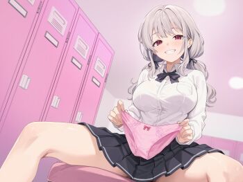 1girl absurdres artist_request bench black_skirt blush bow bow_panties breasts ceiling collared_shirt grey_hair grin highres holding holding_panties holding_underwear holding_unworn_clothes indoors locker locker_room long_hair long_sleeves looking_at_viewer medium_breasts original panties pink_panties pleated_skirt red_eyes school_uniform shirt sidelocks sitting skirt smile solo spread_legs teeth thighs underwear unworn_panties white_shirt